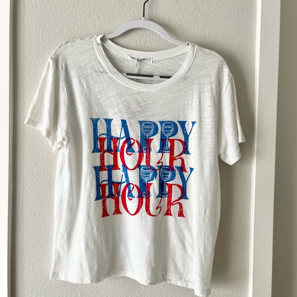 Project Social T White Tee with Red and Blue Happy Hour Drinks  Are On Me Tee